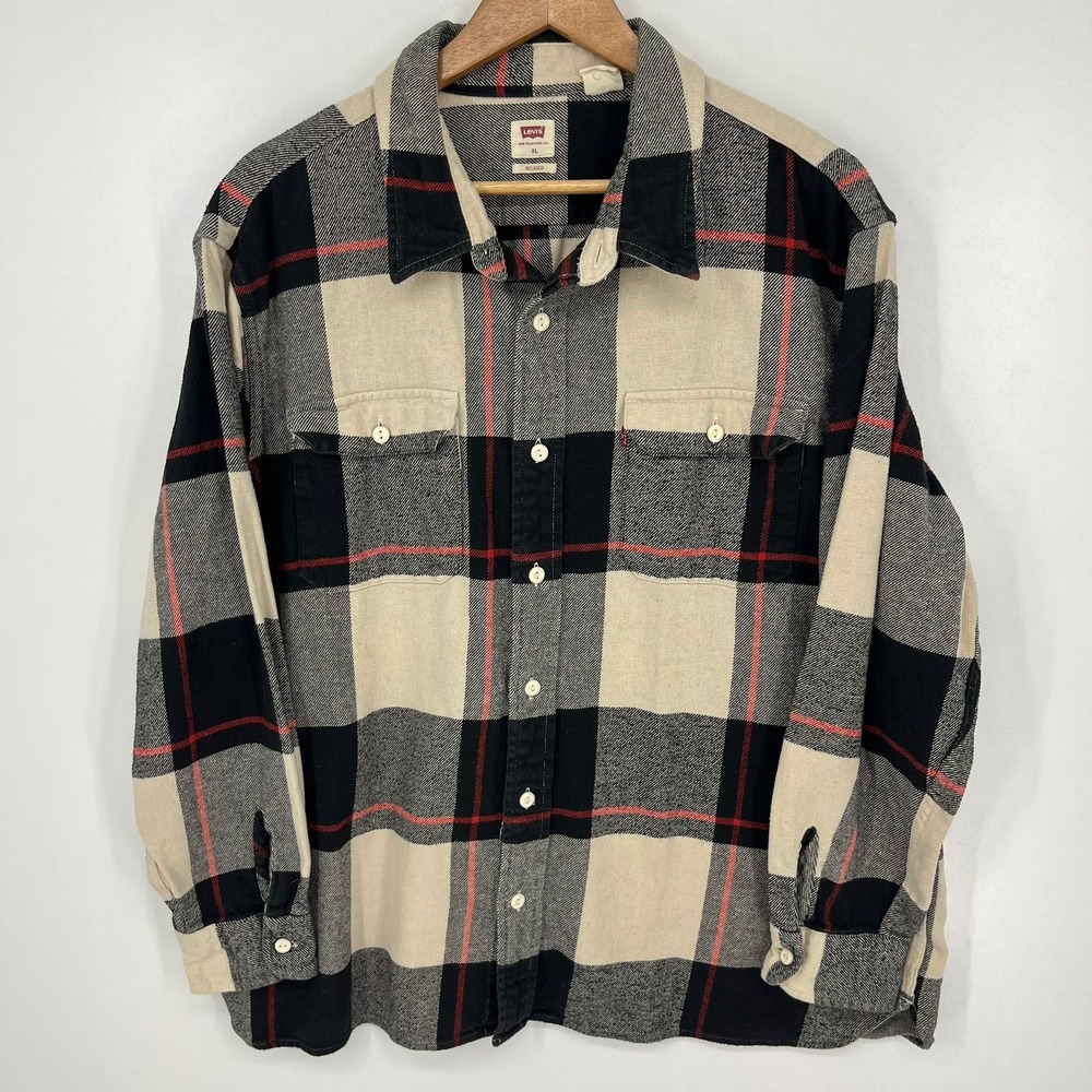 Levis Mens XL Relaxed Fit Flannel Shirt Plaid Black Cream Red Cotton Button Down